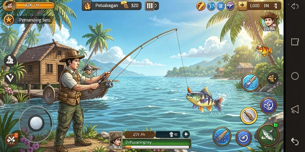 Screenshot utama 8ZK menampilkan momen menangkap ikan yang menegangkan.