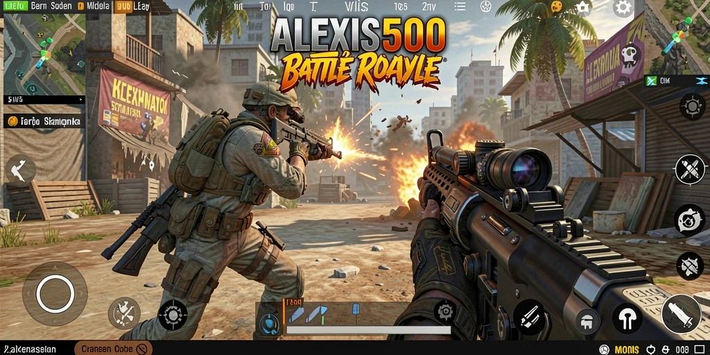 Screenshot gameplay ALEXIS500 yang menunjukkan aksi Battle Royale intens.