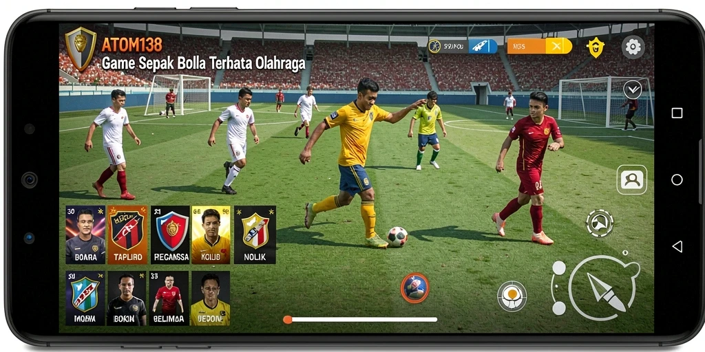 Tangkapan layar ATOM138 menampilkan aksi intens dalam permainan sepak bola.