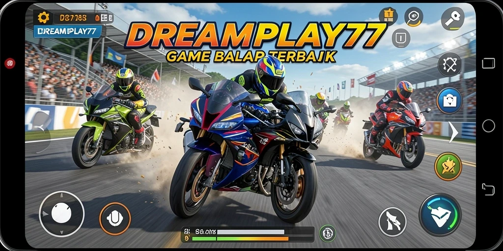 Gameplay seru dari DREAMPLAY77 dengan balapan motor yang mendebarkan.