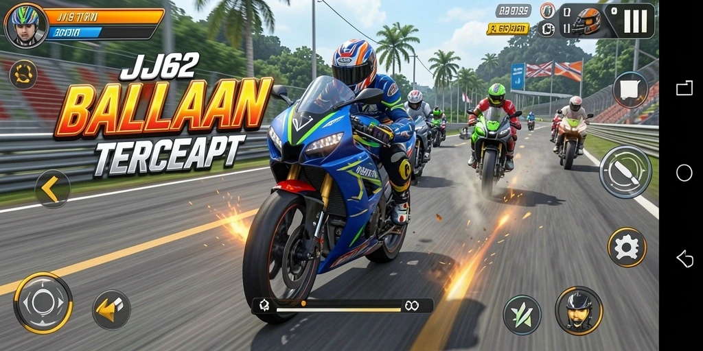 Screenshot utama JJ62 menunjukkan aksi balapan motor yang seru.