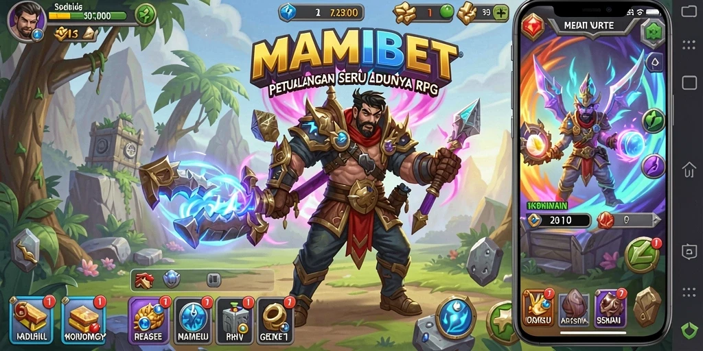 Screenshot gameplay MAMIBET menunjukkan pertempuran seru dan karakter berwarna-warni.