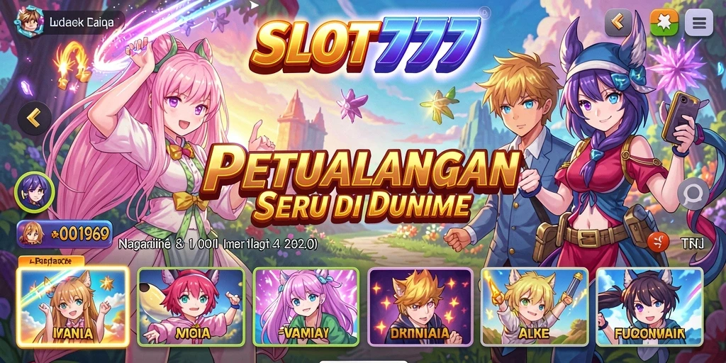 Tampilan gameplay SLOT777 yang menampilkan karakter-karakter anime ikonik.